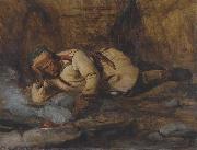 A Laplander asleep by a fire